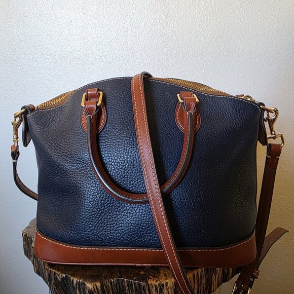Dooney & Bourke Pebble Grain Darcy Domed Satchel Crossbody Navy Tan Leather - Picture 13 of 16